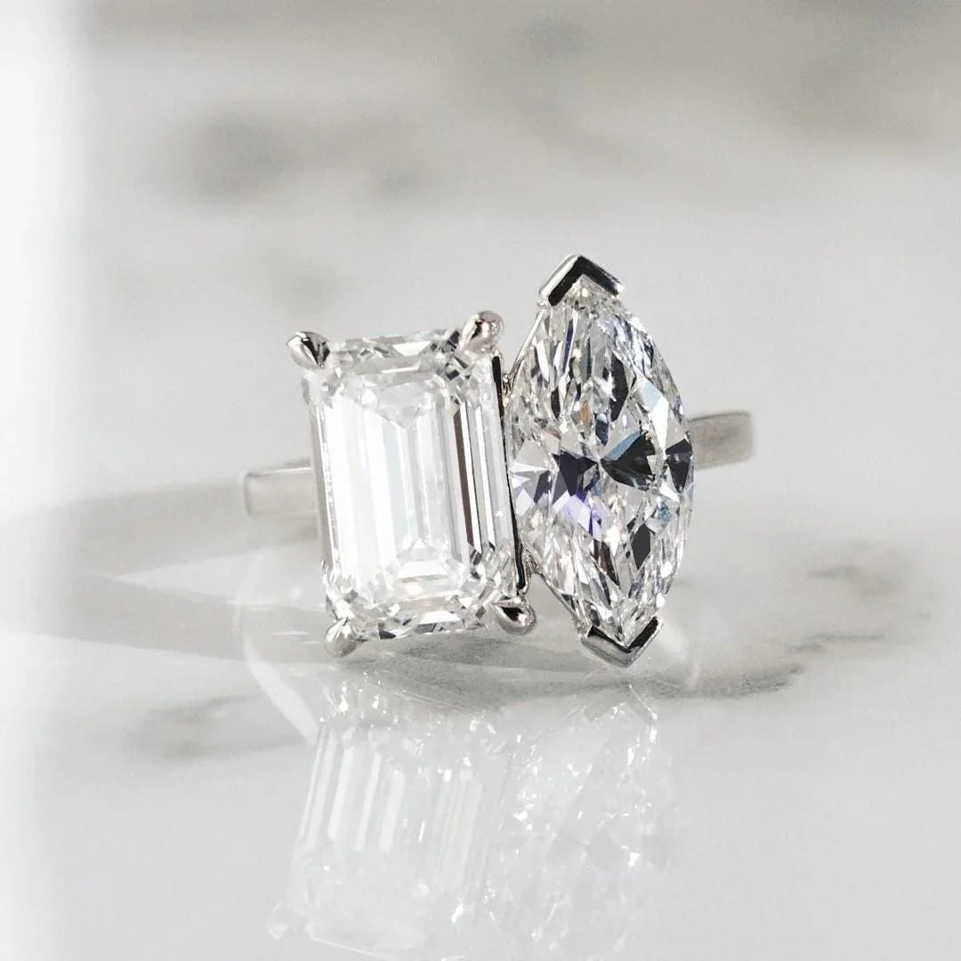 5.00 TCW Marquise & Emerald Lab Grown Diamond Engagement Ring | Toi Et Moi Design | Antique Cut | IGI Certified 