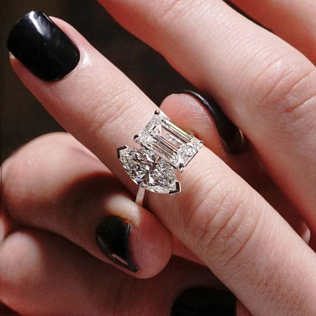 5.00 TCW marquise and emerald lab grown diamond ring, Toi Et Moi design, antique cut, IGI certified bridal jewelry