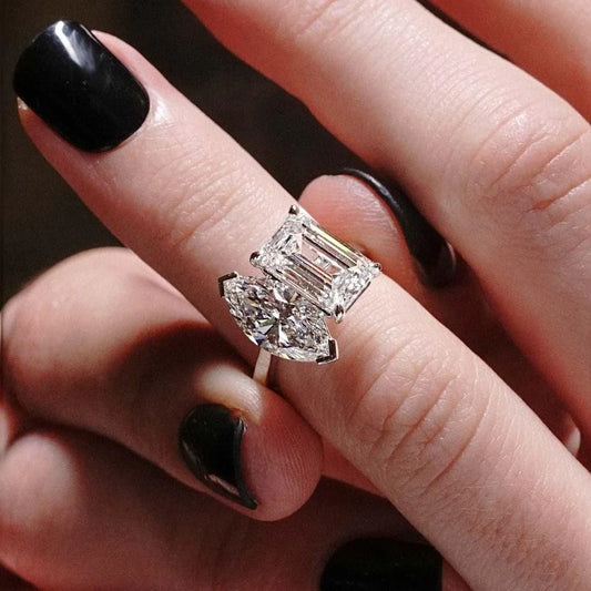 5.00 TCW marquise and emerald lab grown diamond ring, Toi Et Moi design, antique cut, IGI certified bridal jewelry