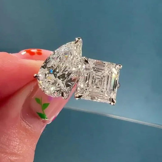 5.00 TCW pear and Asscher lab grown diamond ring, Toi Et Moi two stone design, IGI certified bridal jewelry