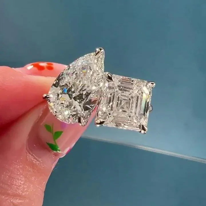 5.00 TCW Pear & Asscher Lab Grown Diamond Engagement Ring | Toi Et Moi Two-Stone Design | IGI Certified