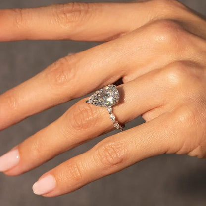 Pear shaped lab grown diamond engagement ring 4.50 CT, hidden halo pavé setting, luxury wedding jewelry for women