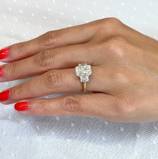 5.00 TCW IGI certified radiant lab grown diamond ring, three stone bridal engagement ring for women