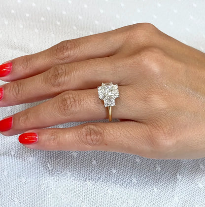 4.00 CT IGI certified radiant lab grown diamond ring, elegant three stone bridal engagement ring for women