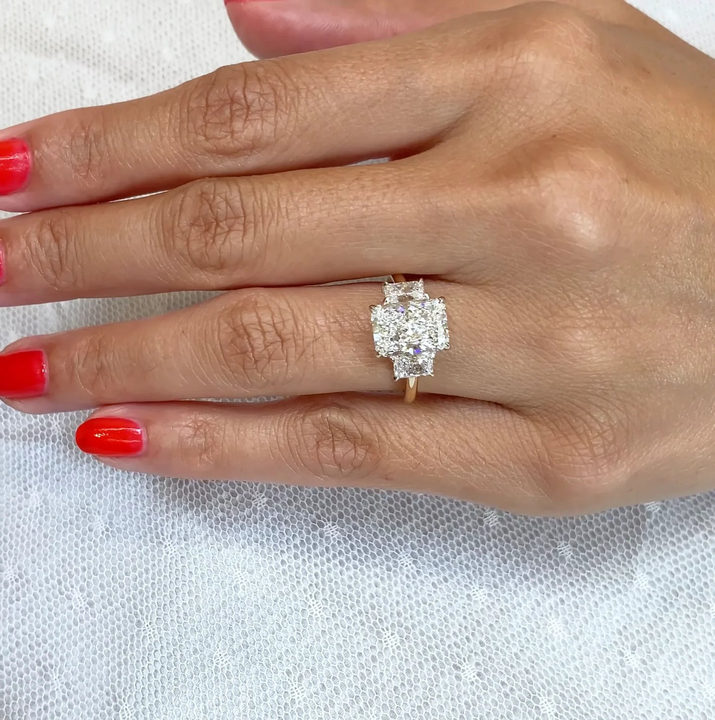 Radiant cut lab grown diamond engagement ring 5TCW, three stone setting, luxury wedding jewelry for her or wife