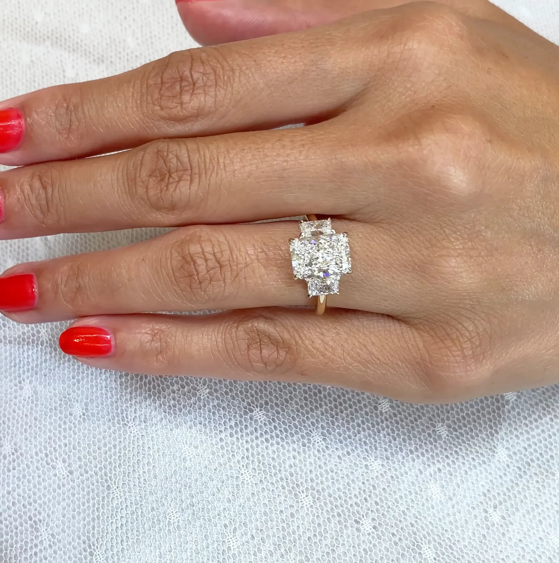 Radiant cut lab grown diamond engagement ring 5TCW, three stone setting, luxury wedding jewelry for her or wife