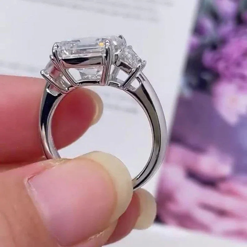 5.0ct Asscher Lab Grown Diamond Engagement Ring | Trapezoid Side Stones | Three Stone Ring | IGI Certified 