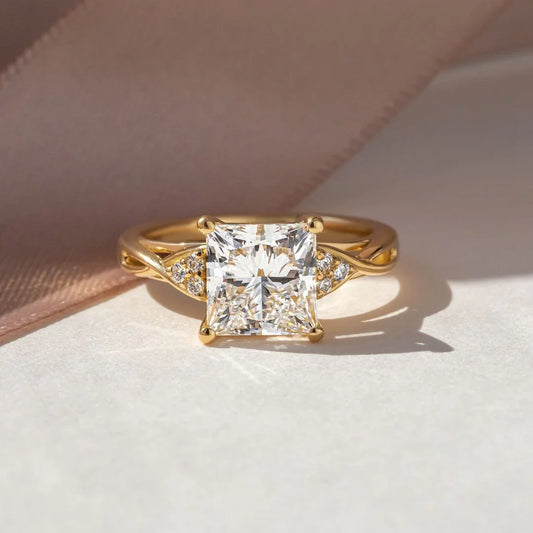 5.0ct princess lab grown diamond engagement ring, IGI certified bridal ring, center stone with side round diamonds, luxury wedding jewelry