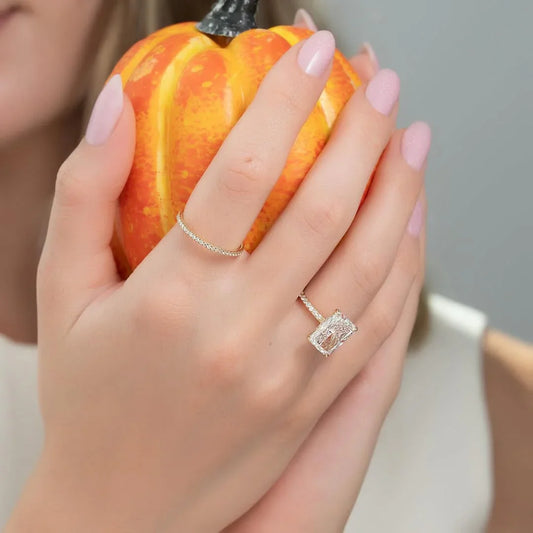 5.0ct Radiant Cut Lab Grown Diamond Solitaire Ring With Pave Band & Hidden Halo 
