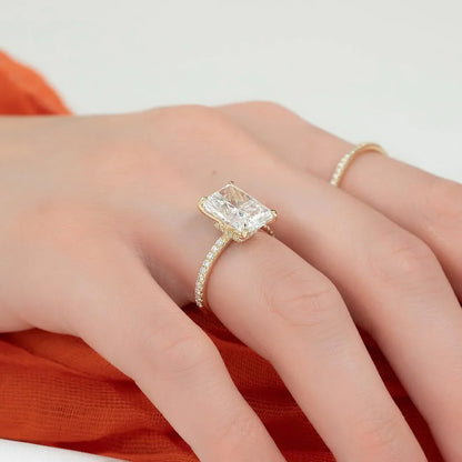 5.0ct Radiant Cut Lab Grown Diamond Solitaire Ring With Pave Band & Hidden Halo 