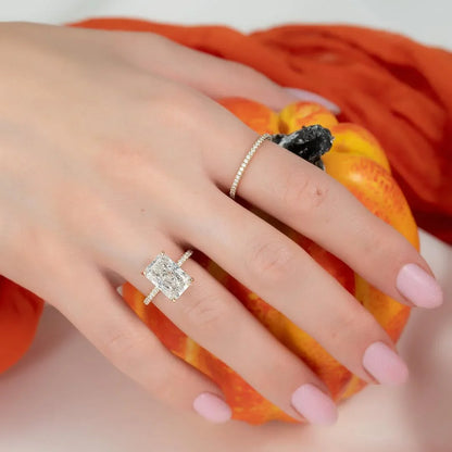 5.0ct Radiant Cut Lab Grown Diamond Solitaire Ring With Pave Band & Hidden Halo 