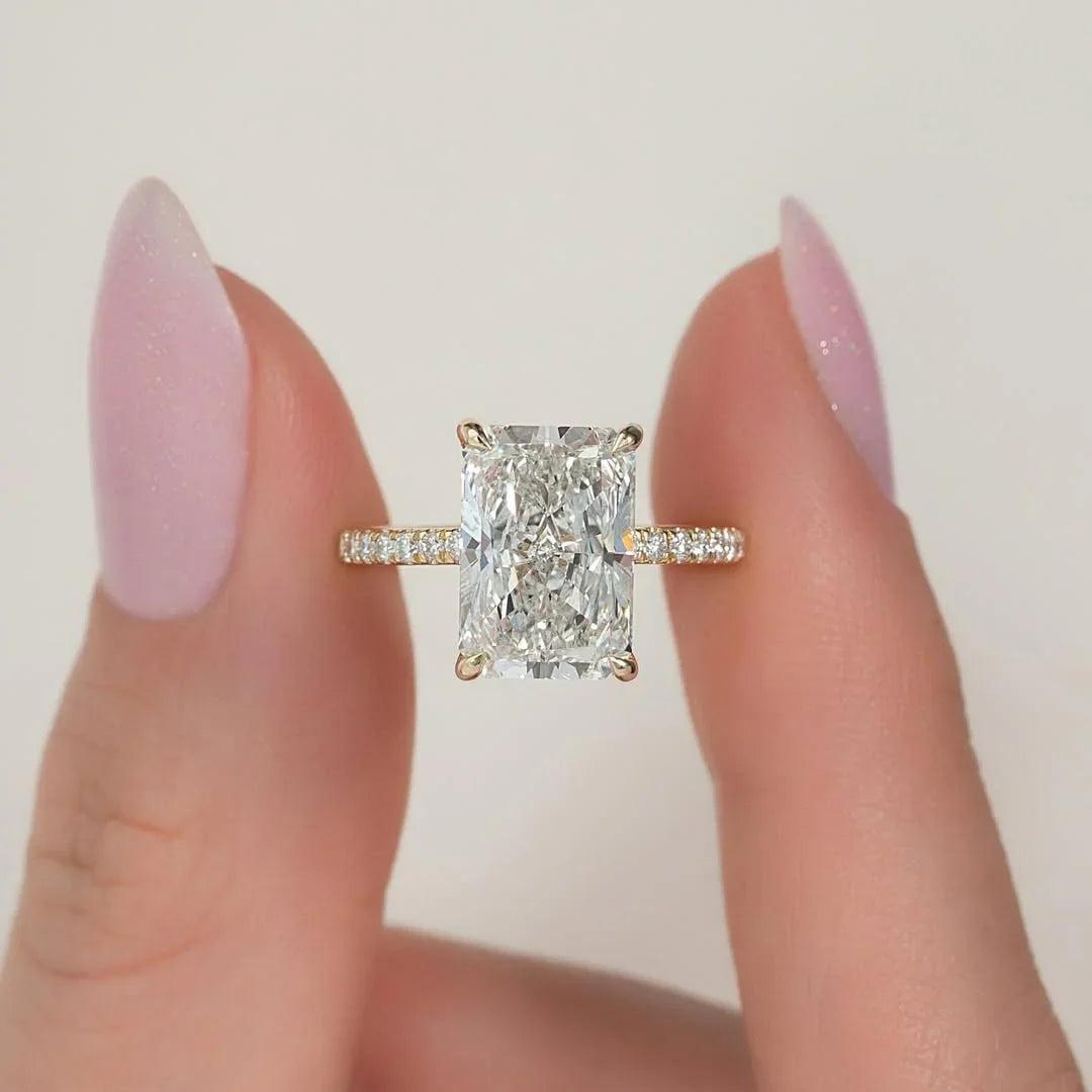 5.0ct Radiant Cut Lab Grown Diamond Solitaire Ring With Pave Band & Hidden Halo 