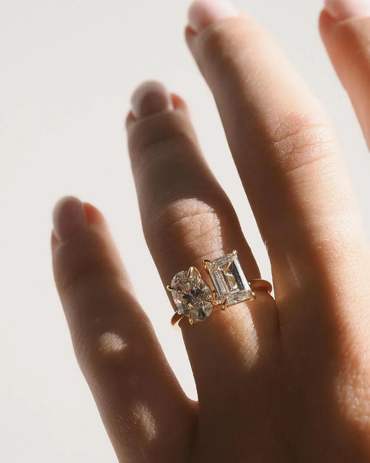 Oval and emerald cut toi et moi lab created diamond ring, 5.0tcw bridal engagement ring, luxury wedding jewelry, anniversary gift women