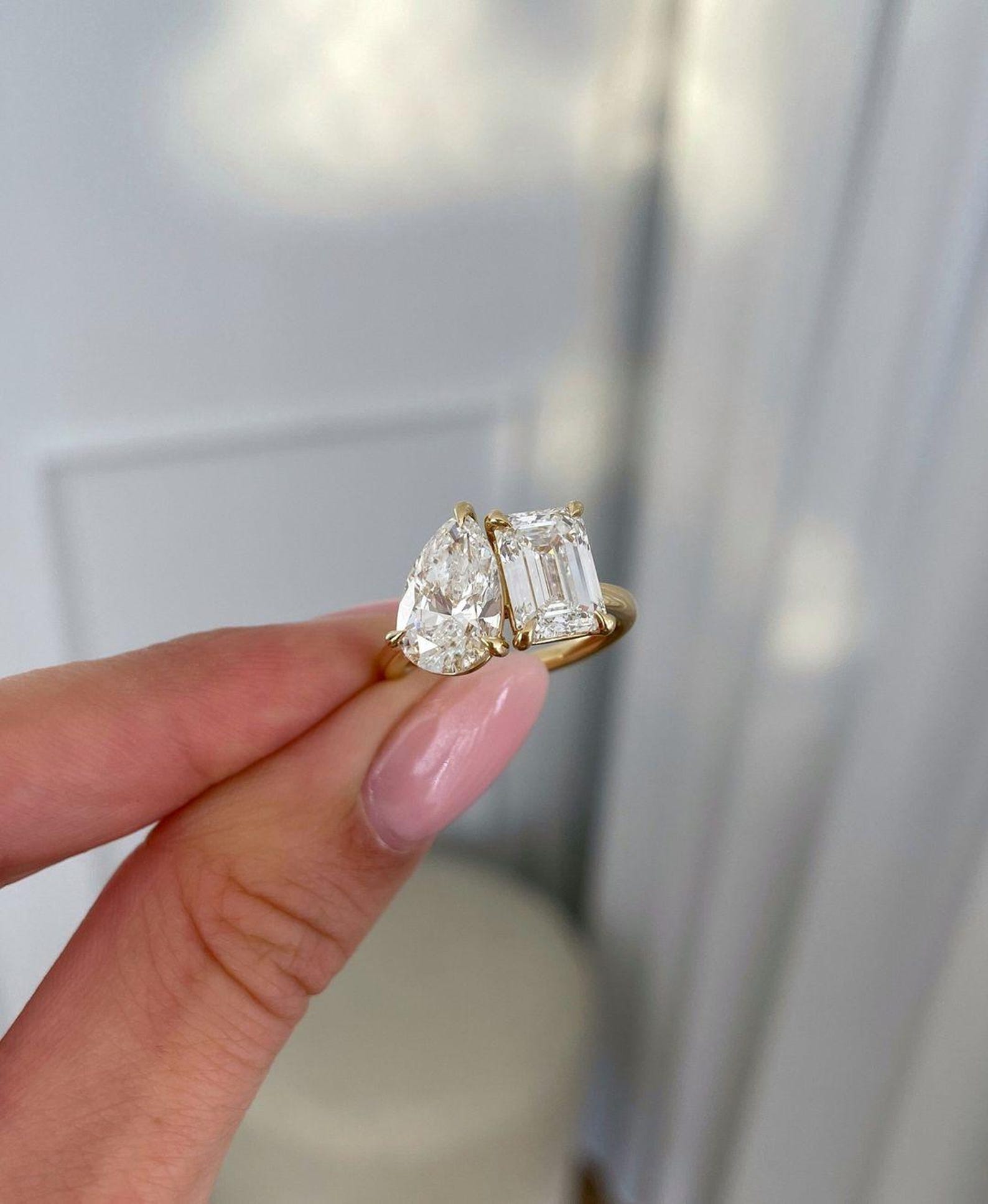 5.0TCW Pear and Emerald Cut Lab Grown Diamond Engagement Ring | Toi Et Moi Ring | IGI Certified 