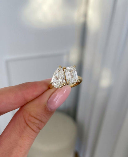 5.0TCW Pear and Emerald Cut Lab Grown Diamond Engagement Ring | Toi Et Moi Ring | IGI Certified 
