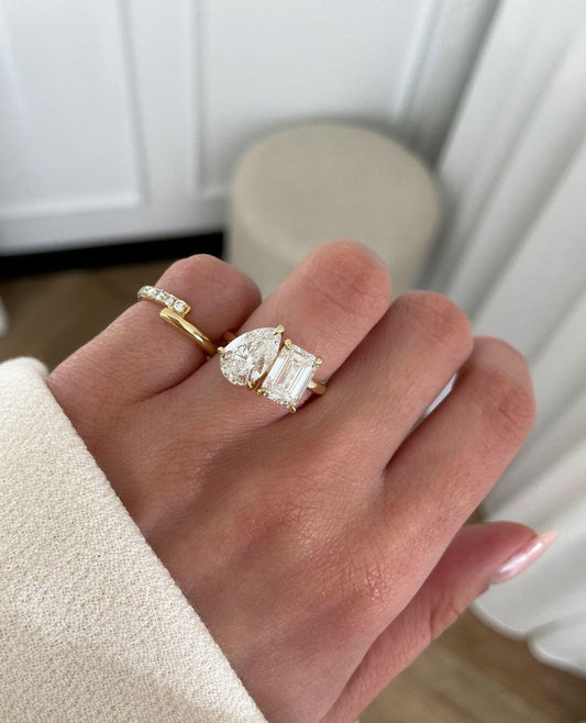 5.0TCW Pear and Emerald Cut Lab Grown Diamond Engagement Ring | Toi Et Moi Ring | IGI Certified 
