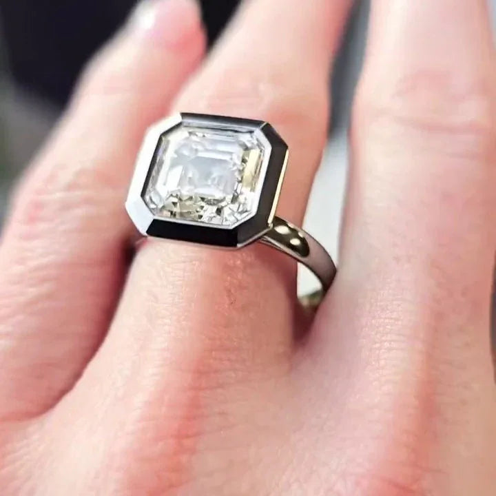 Asscher cut 5.10 CT lab created diamond ring, bezel set pavé halo engagement ring, IGI certified bridal gift for women
