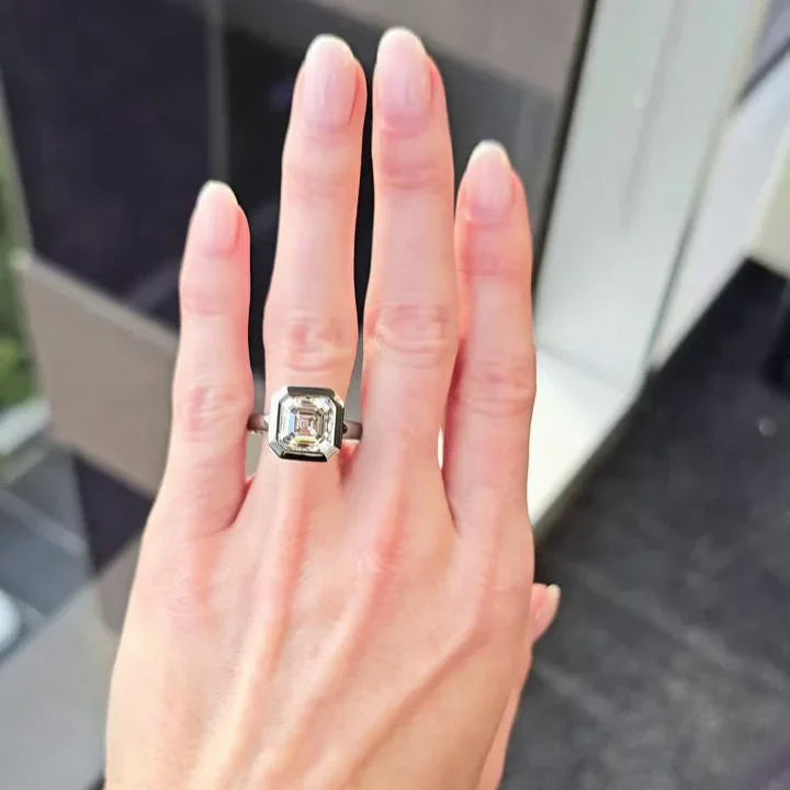 5.10 CT Asscher Lab Grown Diamond Engagement Ring | Bezel Set with Pavé Halo | IGI Certified 
