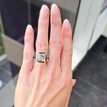 5.10 CT Asscher Lab Grown Diamond Engagement Ring | Bezel Set with Pavé Halo | IGI Certified 