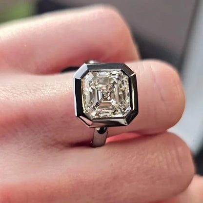 5.10 CT Asscher Lab Grown Diamond Engagement Ring | Bezel Set with Pavé Halo | IGI Certified 