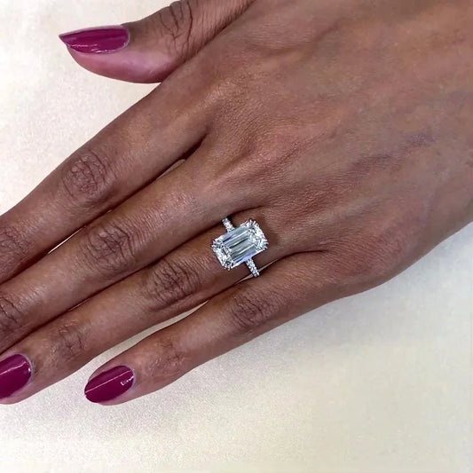 IGI certified 5.20 TCW emerald cut lab created diamond ring, cathedral engagement ring, tapered bridal wedding jewelry for her