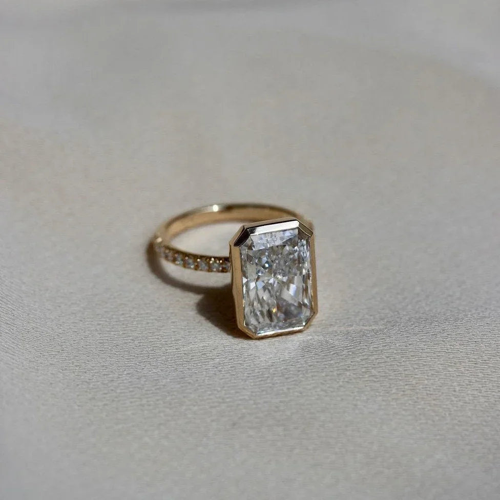 5.00 CT radiant lab grown diamond ring, elegant pavé bezel bridal engagement ring, IGI certified anniversary jewelry women