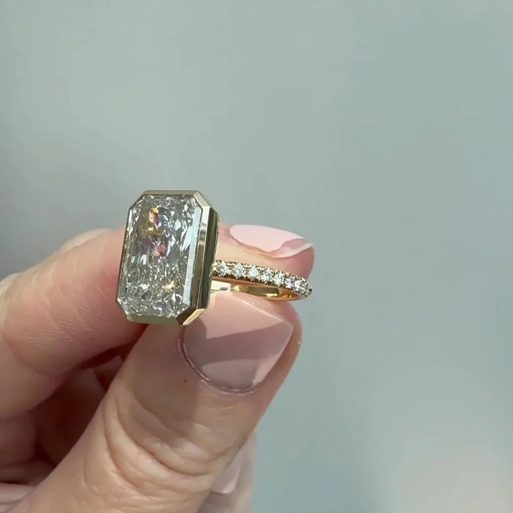 Luxury 5.00 CT radiant cut lab created diamond engagement ring, bezel setting with pavé band, bridal ring for her women