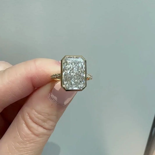 5.30 TCW radiant lab grown diamond engagement ring, pavé bezel setting, IGI certified bridal wedding jewelry for women