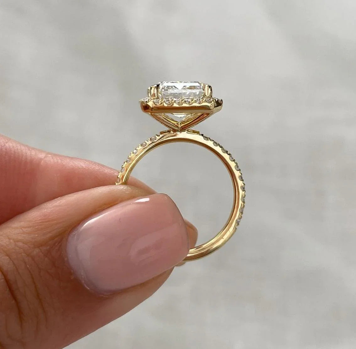 5.30 TCW radiant lab grown diamond ring, elegant pavé halo bridal engagement ring, IGI certified wedding jewelry women