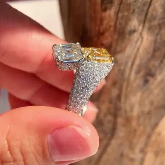 5.50 TCW Asscher fancy yellow and white lab grown diamond engagement ring, pavé bypass ring, IGI certified bridal jewelry for women