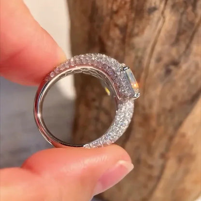 5.00 CT Asscher fancy yellow lab grown diamond ring, white diamond pavé bypass setting, bridal wedding jewelry for her