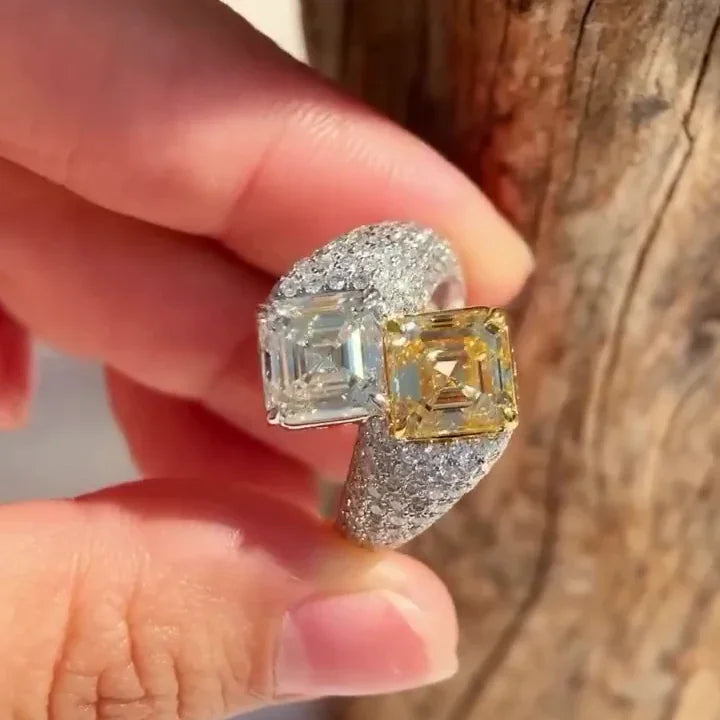 5.50 TCW Asscher Fancy Yellow & White Lab Grown Diamond Engagement Ring | Pavé Bypass Ring | IGI Certified 