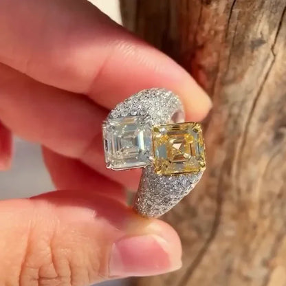 5.50 TCW Asscher Fancy Yellow & White Lab Grown Diamond Engagement Ring | Pavé Bypass Ring | IGI Certified 