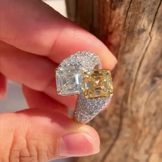 5.50 TCW Asscher fancy yellow and white lab grown diamond engagement ring, pavé bypass ring, IGI certified bridal jewelry for women