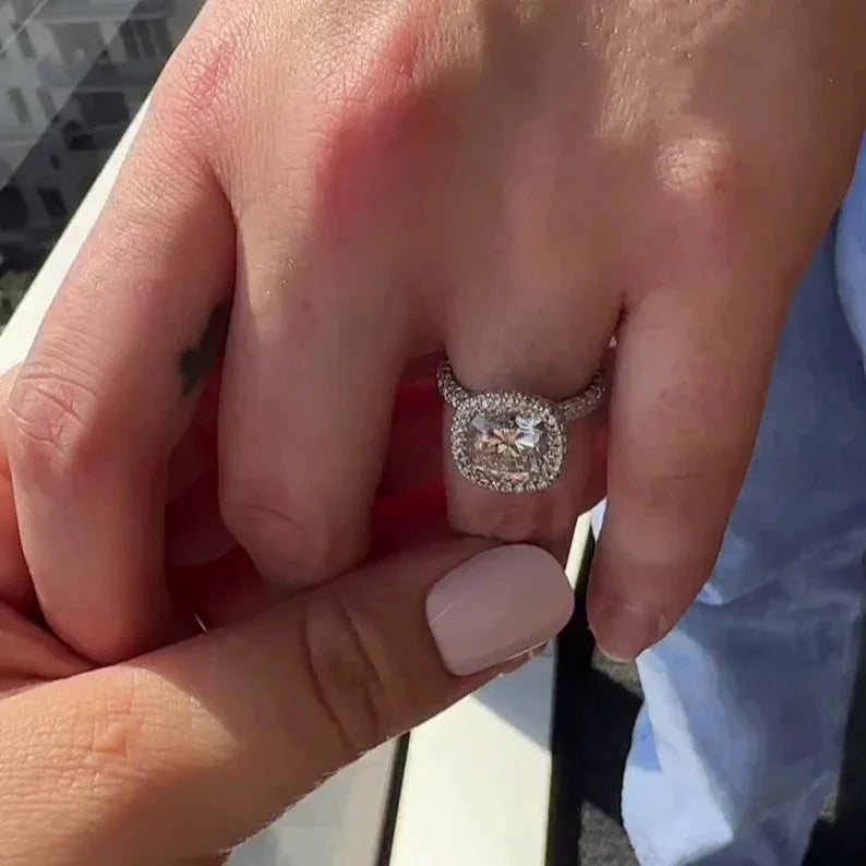 5.50 TCW Cushion Lab Grown Diamond Engagement Ring | Pavé Halo Ring | Rose Gold | IGI Certified 