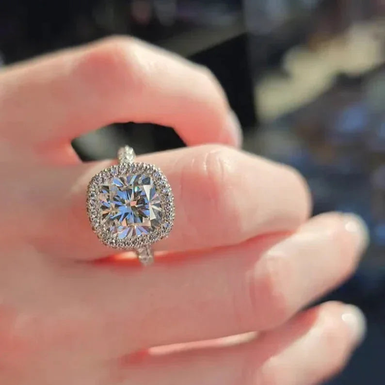 5.50 TCW Cushion Lab Grown Diamond Engagement Ring | Pavé Halo Ring | Rose Gold | IGI Certified 