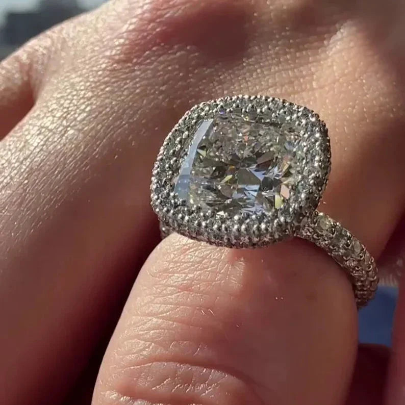 5.50 TCW Cushion Lab Grown Diamond Engagement Ring | Pavé Halo Ring | Rose Gold | IGI Certified 