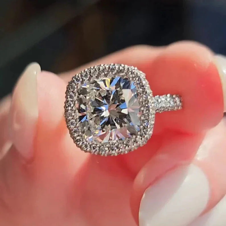 5.50 TCW Cushion Lab Grown Diamond Engagement Ring | Pavé Halo Ring | Rose Gold | IGI Certified 