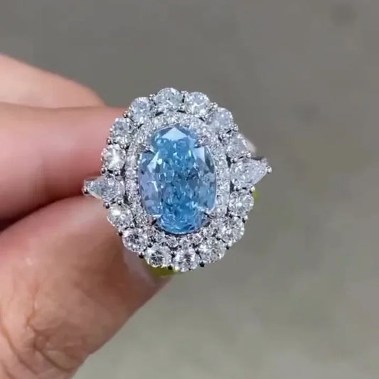 5.50 TCW fancy blue oval lab grown diamond engagement ring, halo ring, bridal wedding jewelry, luxury engagement ring for women