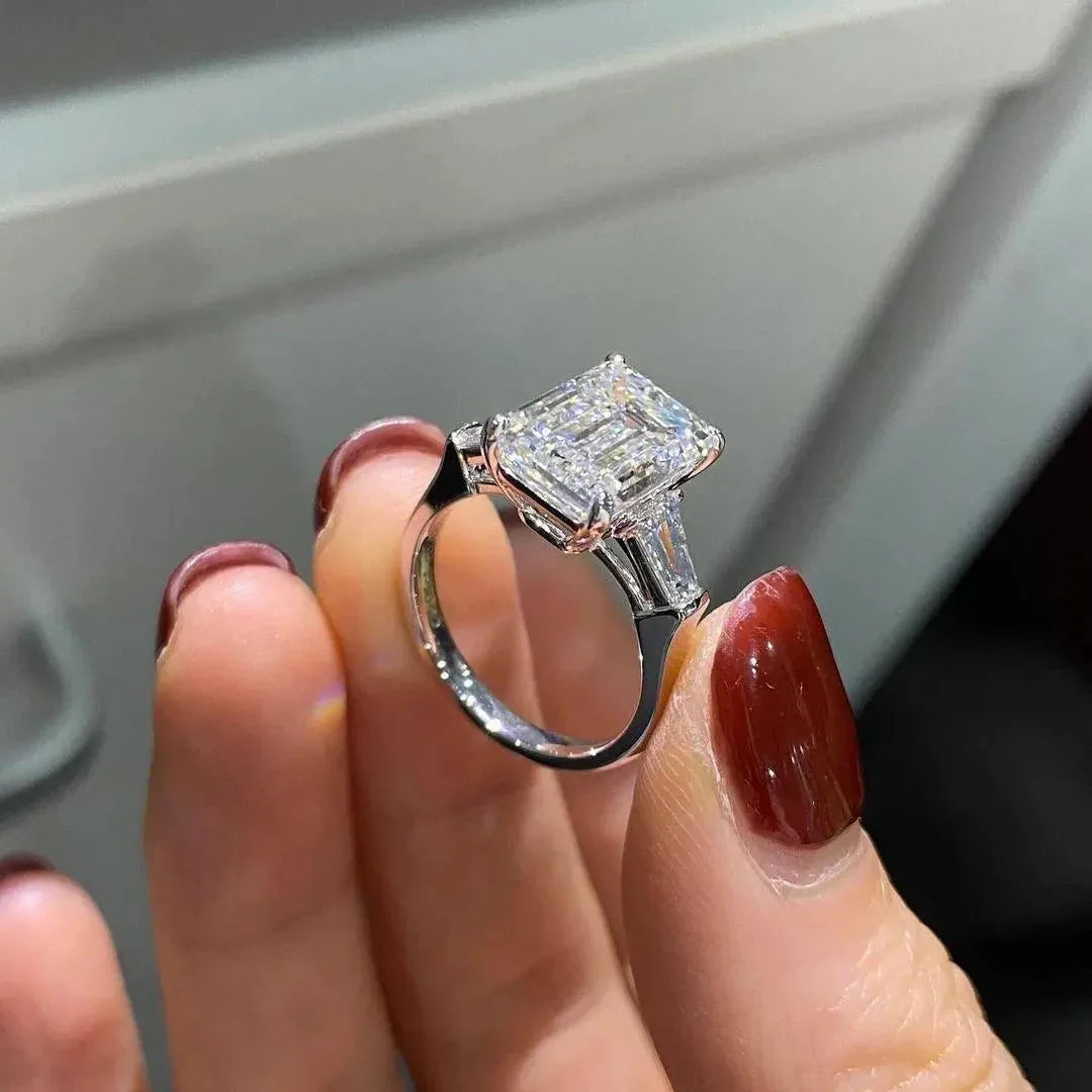 IGI certified 5.50TCW emerald cut lab created diamond ring, three stone cathedral engagement ring, luxury bridal jewelry gift for her