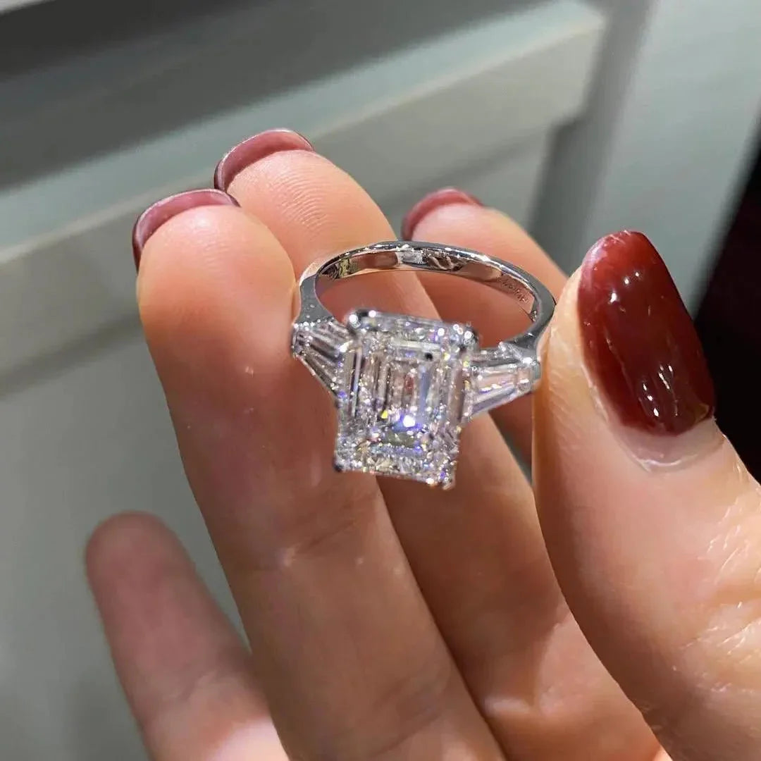 5.50TCW Emerald Lab Grown Diamond Three-Stone Engagement Ring | Cathedral Setting | IGI Certified 