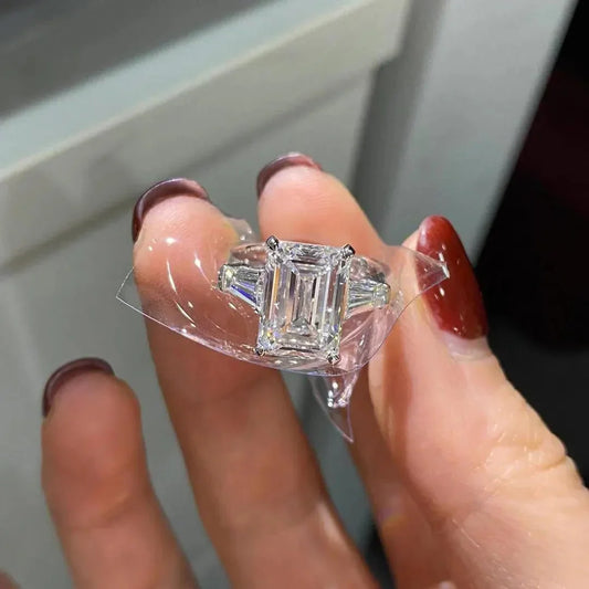5.50TCW emerald lab grown diamond three stone engagement ring, cathedral setting, IGI certified bridal wedding jewelry for women