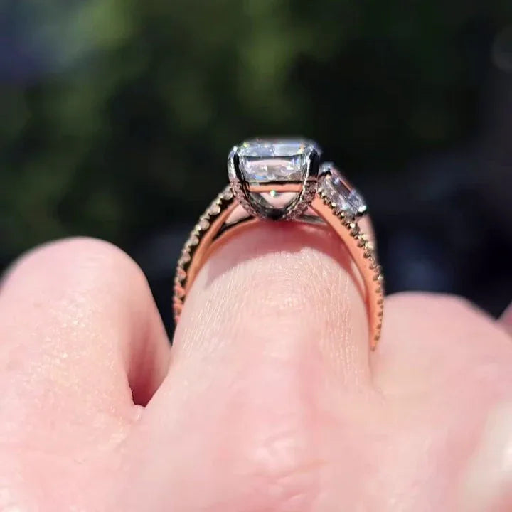 5.70 TCW Cushion and Asscher Lab Grown Diamond Engagement Ring | Two Tone Ring with Hidden Halo | IGI Certified 