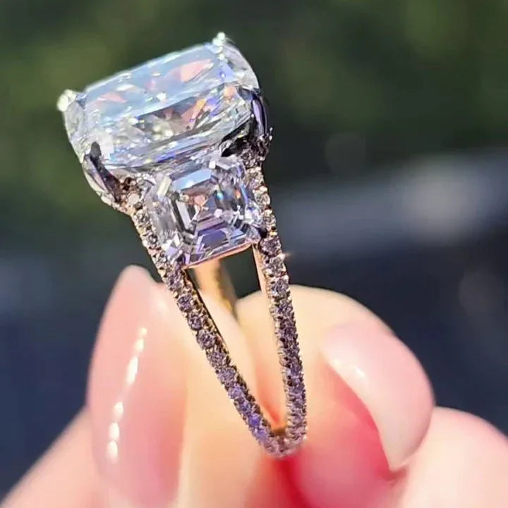 5.70 TCW Cushion and Asscher Lab Grown Diamond Engagement Ring | Two Tone Ring with Hidden Halo | IGI Certified 