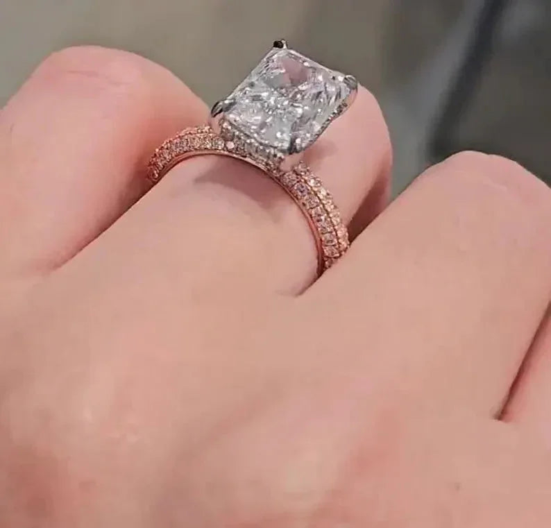 5.50 CT radiant lab grown diamond ring, hidden halo design engagement ring, IGI certified wedding jewelry, anniversary gift women