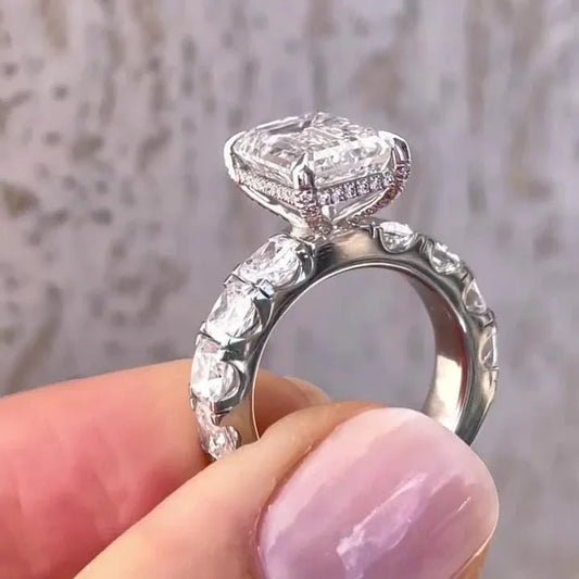 IGI certified 5.80 TCW emerald cut lab created diamond ring, 4 CT center diamond, pavé hidden halo engagement ring, luxury bridal gift