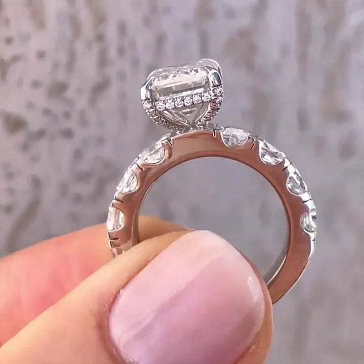 5.80 TCW emerald lab grown diamond ring, pavé band hidden halo setting, 4 CT center stone engagement ring, IGI certified jewelry women
