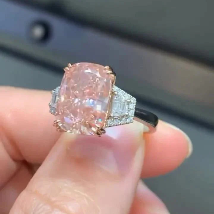 IGI Certified 5.80 TCW Fancy Pink Cushion Lab Grown Diamond Ring with 5 CT Center Stone, Tapered Baguette Accents, Luxury Bridal Engagement Jewelry