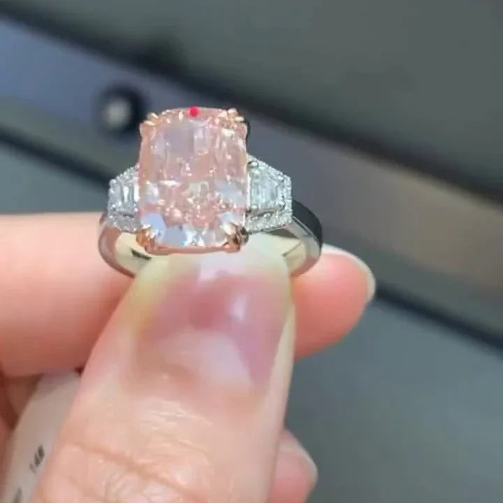 5 CT Center Stone Fancy Pink Cushion Lab Grown Diamond Engagement Ring 5.80 TCW with Tapered Baguette Side Stones IGI Certified Bridal Wedding Jewelry