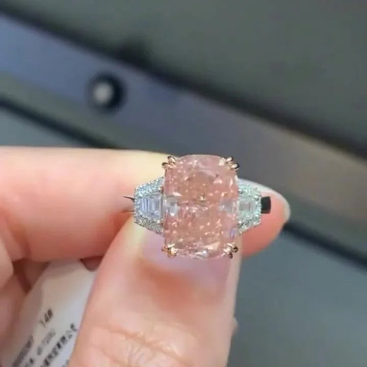 5.80 TCW Fancy Pink Cushion Lab Grown Diamond Engagement Ring | 5 CT Center with Tapered Baguette Side Stones | IGI Certified 